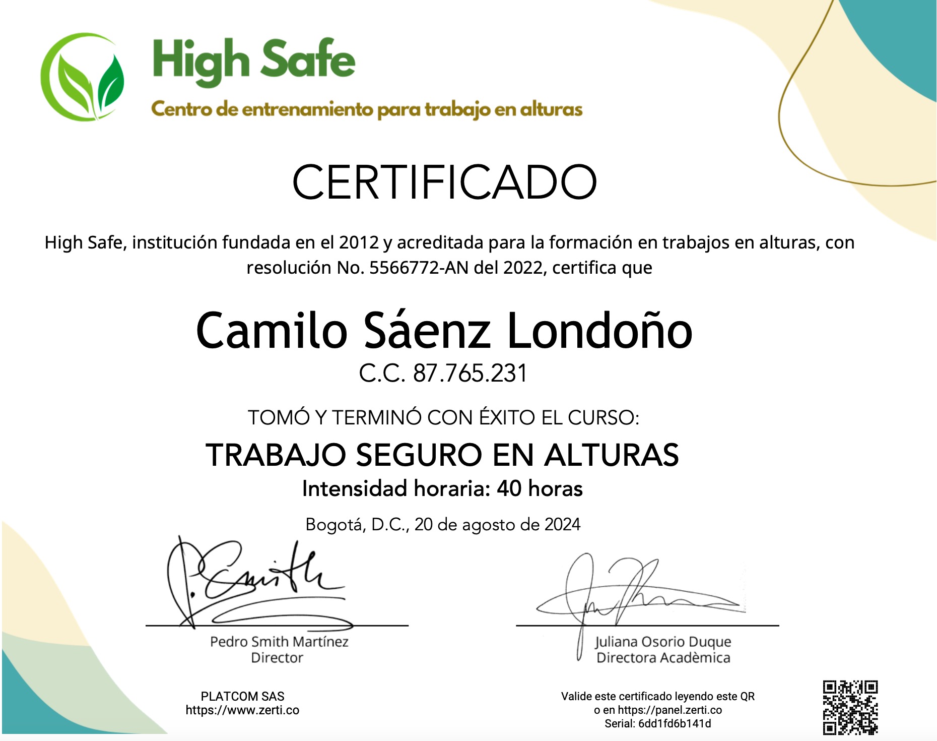 Ejemplo certificado ZERTI con serial y QR